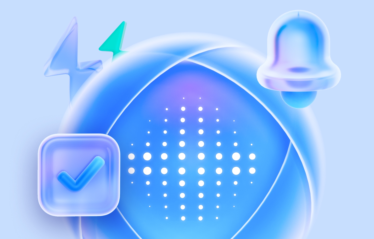 3D blue sphere with grid of dots, surrounded by checkmark, bell, and arrow icons