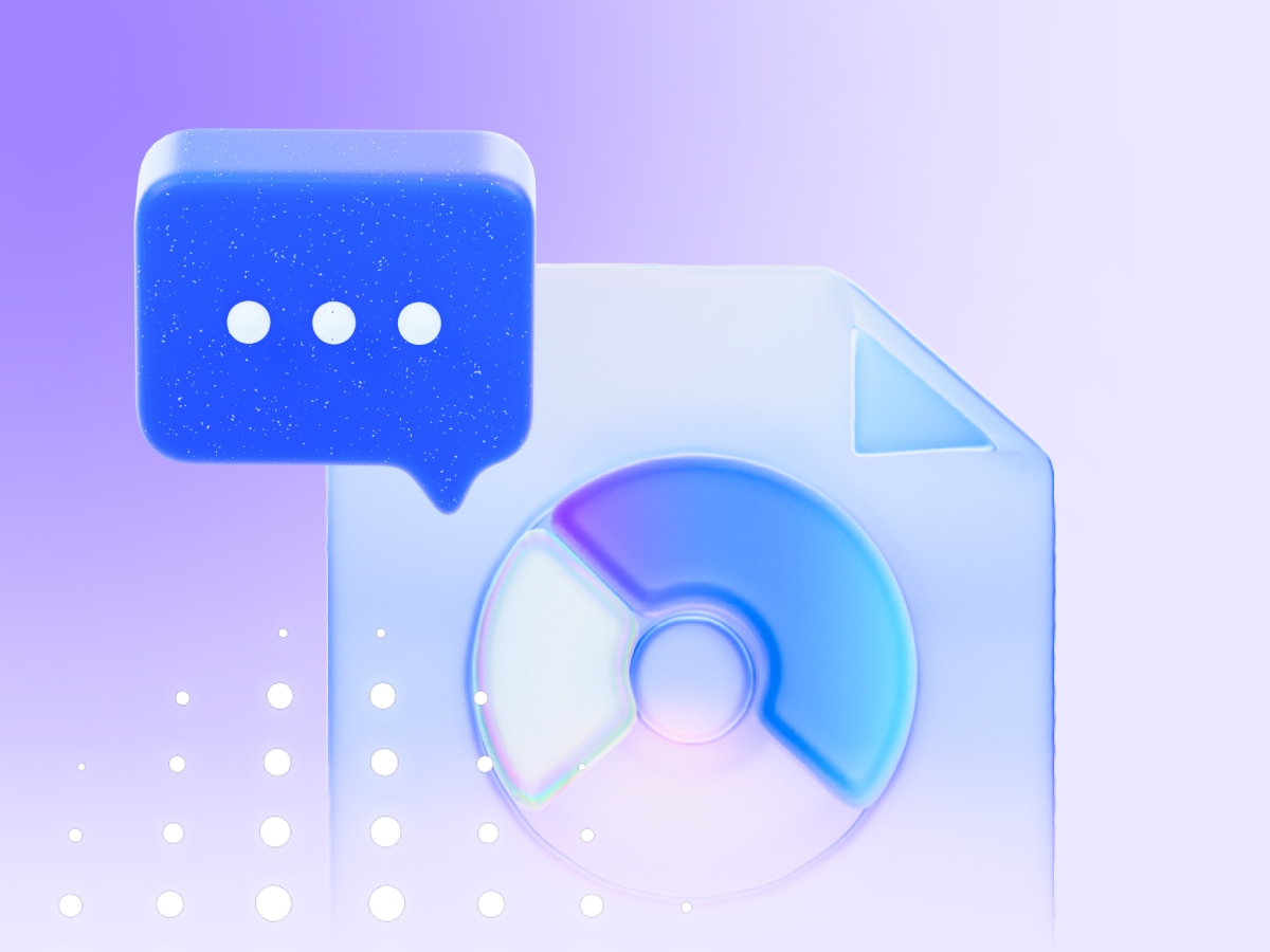 3D chat bubble and pie chart document icon on a purple background