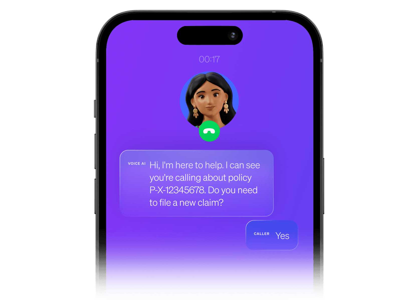 Smartphone screen showing a voice assistant confirming a policy and asking about filing a claim