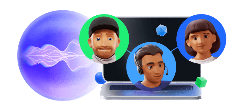 Laptop screen with three smiling avatars and a voice-wave sphere representing virtual communication.