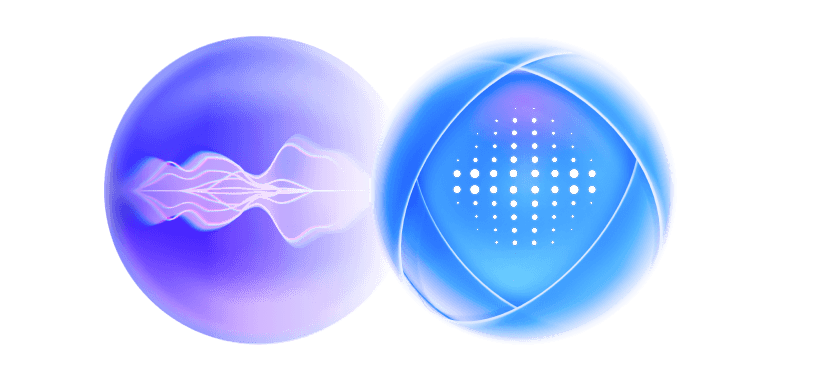 Abstract paired spheres visualizing voice and AI agent interaction.